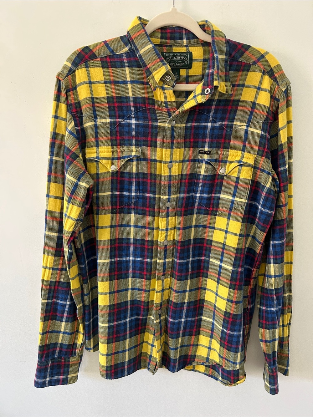 Vintage Polo Country Ralph Lauren Flannel Snap Shirt Yellow/Blue Plaid Western L